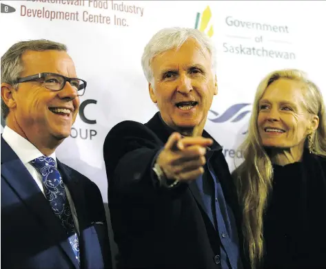  ?? MICHELLE BERG ?? Premier Brad Wall, James Cameron and Suzy Amis Cameron were on hand Monday to announce Verdient Foods, a pulse production facility in Vanscoy that will create up to 40 jobs. The filmmaker said Saskatchew­an’s “business-forward mentality” helped drive the decision.