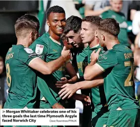  ?? Dave Rowntree/PPAUK ?? > Morgan Whittaker celebrates one of his three goals the last time Plymouth Argyle faced Norwich City