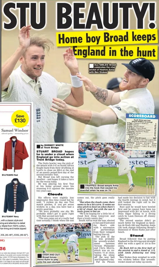  ??  ?? OVER AND OUT: Broad forces Heino Kuhn to play onto his own stumps ALL SMILES: Broad celebrates the vital wicket of Hashim Amla with Ben Stokes TRAPPED: Broad tempts Amla into the hook that caused his downfall when he was on 78