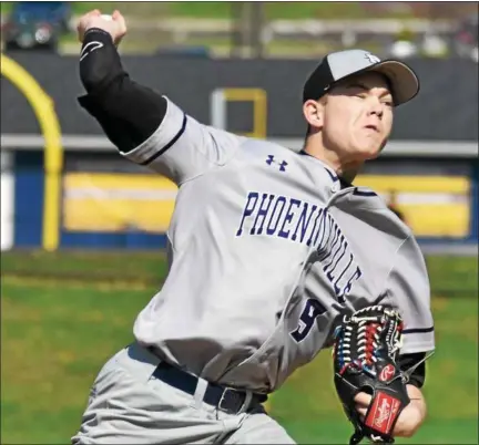  ?? BARRY TAGLIEBER — FOR DIGITAL FIRST MEDIA ?? Phoenixvil­le’s Quinn Danna delivers to the plate during Thursday’s game against Pope John Paul II. The Phantoms won, 7-3.