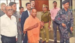  ?? ASHOK DUTTA/HINDUSTAN TIMES ?? UP chief minister Yogi Adityanath arriving at Lok Bhavan in Lucknow on March 20, 2017.