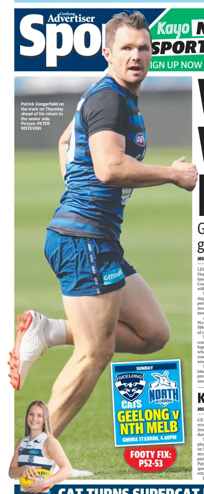  ??  ?? Patrick Dangerfiel­d on the track on Thursday ahead of his return to the senior side. Picture: PETER RISTEVSKI