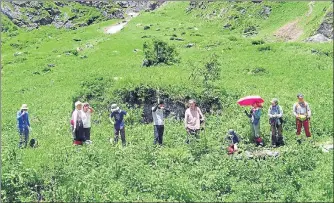  ??  ?? ▪ Tourists from Japan and Thailand near Ghangharia in Joshimath on Thursday.