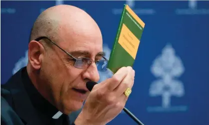  ?? Photograph: Gregorio Borgia/AP ?? Cardinal Victor Manuel Fernández presents the new Infinite Dignity declaratio­n during a press conference at the Vatican on Monday.