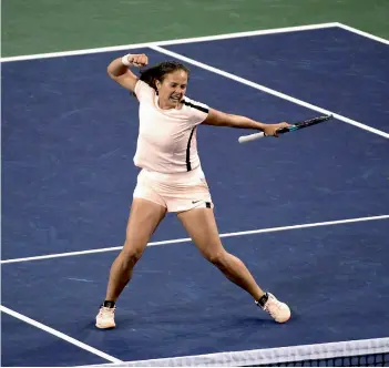  ?? — AFP ?? Daria Kasatkina of Russia celebrates after winning a game during the second set of her semifinal match against Venus Williams of the United States in the BNP Paribas Open on Friday in Indian Wells, California. Kasatkina beat Venus 4- 6, 6- 4, 7- 5.