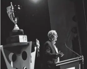  ?? David Becker / Getty Images ?? Jim France, NASCAR’s chairman and CEO, speaks at an awards ceremony in November, but he hasn’t talked about his plans for the family’s racing business.