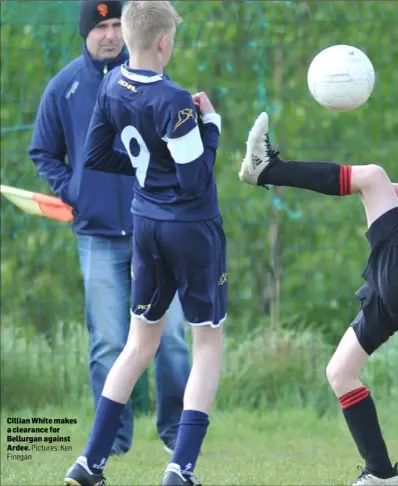  ?? Pictures: Ken Finegan ?? Cillian White makes a clearance for Bellurgan against Ardee.