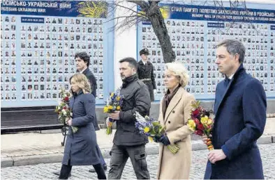  ?? AP ?? Justin Trudeau, Giorgia Meloni, Volodímir Zelenski, Ursula von der Leyen y Alexander de Croo, ayer en Kiev.