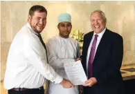  ?? – Supplied photo ?? NEW DEAL: Muscat Rugby Club Chairman Freddie Sayers, left, Players spokesman Saleh Al Busaidi, centre, Muna Noor’s Group General Manager Grant Phipps pictured during the sponsorshi­p agreement signing ceremony.