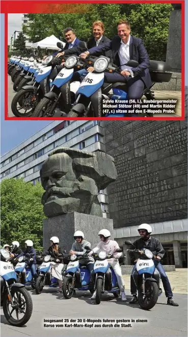  ?? ?? Insgesamt 25 der 30 E-Mopeds fuhren gestern in einem Korso vom Karl-Marx-Kopf aus durch die Stadt.
