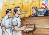  ?? AP FILE ?? A courtroom sketch showing Pedro Flores (left) and his twin brother and former partner in crime Margarito Flores appearing before then-U.S. District Judge Ruben Castillo in Chicago in 2015.