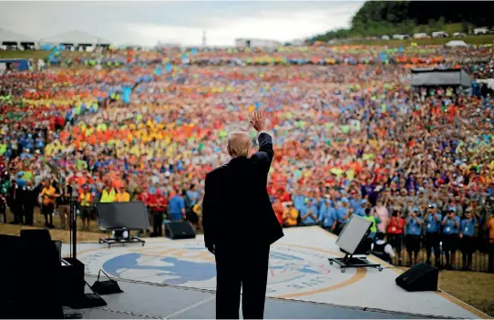  ?? PHOTO: REUTERS ?? President Donald Trump waves after delivering remarks at the 2017 National Scout Jamboree in Summit Bechtel National Scout Reserve, West Virginia.