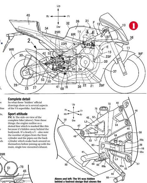  ??  ?? Above and left: The V4 was hidden behind a footrest design that shows the routing for the rear cylinder’s exhausts. 1