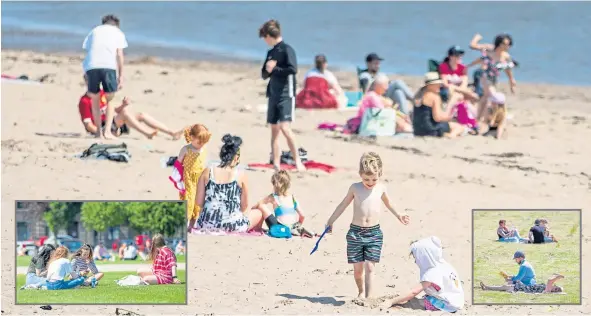  ??  ?? People enjoying the sun on Broughty Ferry beach and, inset left, Slessor Gardens and, right, Baxter Park yesterday