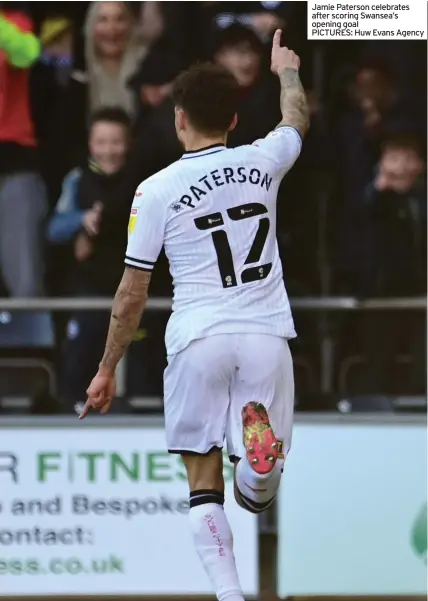  ?? ?? Jamie Paterson celebrates after scoring Swansea’s opening goal
PICTURES: Huw Evans Agency