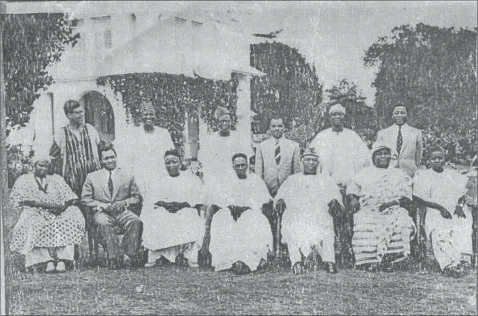  ??  ?? Standing left to right: J.M. Johnson,, Bukar Dipcharima, Ayo Rosiji, Aja Wachukwu, Kolawole Balogun, Victor Mukete. Sitting left to right: S.L. Akintola, R. Njoku, M. Ribadu, Prime Minister Tafawa Balewa, K.O. Mbadiwe, F. Okotie-Eboh, I. Wada