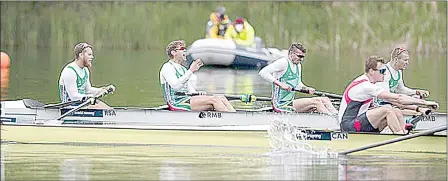  ?? ( Source: Times Live) ?? SA rowers in happier times - Lawrence Brittain, Kyle Schoonbee, John Smith and Sandro Torrente of South Africa react after winning a regatta in Lucerne in May.