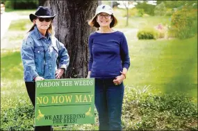  ?? Christian Abraham / Hearst Connecticu­t Media ?? Mally Cox-Chapman, center, who has been leading the “No Mow May” charge in her neighborho­od, with her neighbor, Wendy Graveley, on May 11.