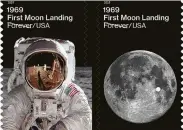  ?? Associated Press ?? The U.S. Postal Service on Friday issued these stamps to mark the 50th anniversar­y of the first moon landing. On July 20, 1969, astronauts Neil Armstrong and Buzz Aldrin walked on the moon.