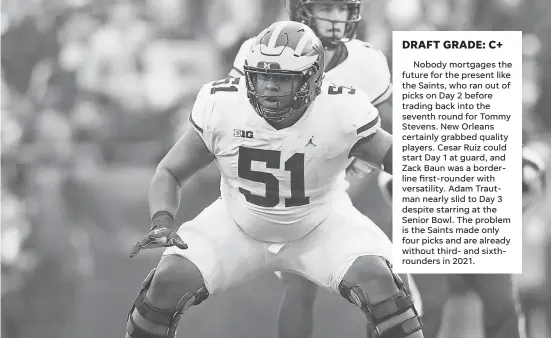  ?? JEFF HANISCH/USA TODAY SPORTS ?? Cesar Ruiz, taken with the 24th pick in the first round, is projected by Ourlads.com as No. 1 on the Saints’ depth chart for right guard.