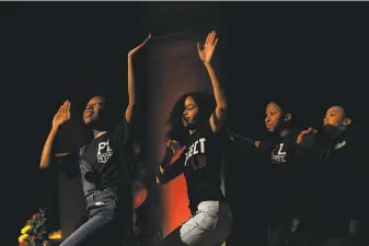  ?? Yalonda M. James / The Chronicle 2019 ?? Dakota Harris (left), Taylor Williams, Sutchat Mosley and Jasmine Corley, members of Project Level, perform during a Black History Month celebratio­n in San Francisco last February.