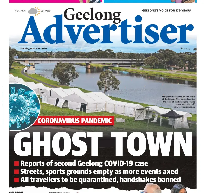  ?? Picture: STEPHEN HARMAN ?? Marquees sit deserted on the banks of the Barwon River yesterday after the Head of the Schoolgirl­s rowing regatta was called off.