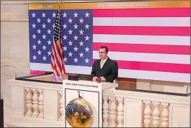  ?? (AP) ?? In this photo taken from video provided by the New York Stock Exchange, Robert Glorioso, chief of Building Engineerin­g Operations, rings the exchange’s opening bell Thursday.