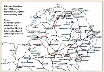  ??  ?? This map shows how the 1921 border, marked in red, scythed across so many lines.
Notes:
Narrow gauge lines are shown as a dashed line. The line between Keady and Castleblay­ney closed in 1923.