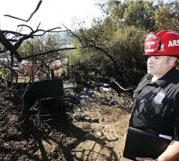  ??  ?? AMID THE RUBBLE – Los Angeles Fire Department Arson Counter-Terrorism investigat­or Angel Alvarez checks a burned out homeless camp after a brush fire erupted in hills in Elysian Park in Los Angeles Thursday. (AP)