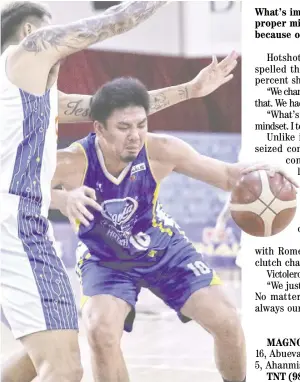  ?? PHOTOGRAPH COURTESY OF PBA ?? MAGNOLIA’S Ian Sangalang (right) tries to work his way against TNT defender Poy Erram during PBA action in Pampanga.