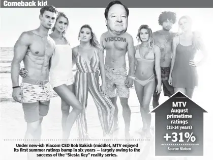  ??  ?? Under new-ish Viacom CEO Bob Bakish (middle), MTV enjoyed its first summer ratings bump in six years — largely owing to the success of the “Siesta Key” reality series.