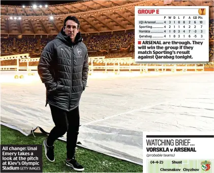  ?? GETTY IMAGES ?? All change: Unai Emery takes a look at the pitch at Kiev’s Olympic Stadium