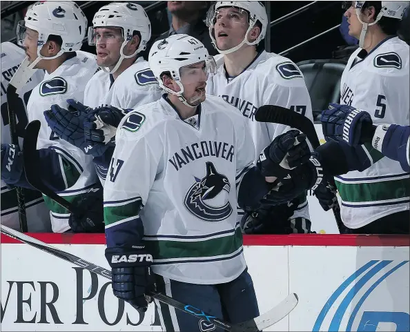  ?? — GETTY IMAGES FILES ?? Vancouver Canucks winger Sven Baertschi celebrates his winning goal against the Colorado Avalanche Tuesday in Denver, his 10th goal of the season. Forty-six games into his first full NHL season, Baertschi has been an intriguing find for the Canucks.