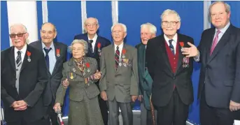  ??  ?? William Adams; above right, Gordon Holland, William Jacobs, Joan Price, William Adams, Kenneth Drury, David Norris and Edward Snow with James Ryeland at the Legion d’Honneur ceremony