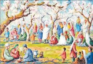  ?? FROM DINA NATH WALLI: A PASSION TO PORTRAY KASHMIR ?? Delicate touch: ‘Kashmiris enjoying almond blossoms at Badam Wari’(1952) by Dina Nath Walli