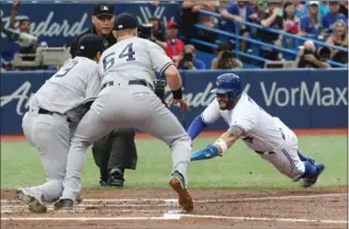  ?? STEVE RUSSELL, TORONTO STAR ?? Blue Jays centre-fielder Kevin Pillar gets tagged out at home plate by New York Yankees starting pitcher Masahiro Tanaka, left, in the second inning in Toronto on Wednesday night. The Yankees won the contest, 11-5.