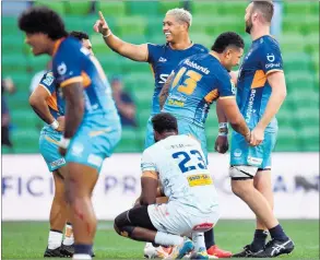  ?? PHOTO / PHOTOSPORT ?? Moana Pasifika celebrate their 39-36 win over Fijian Drua during the Super Round in Melbourne on March 2.