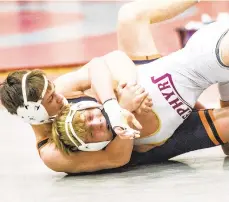  ?? APRIL GAMIZ/THE MORNING CALL ?? Whitehall’s Xavier Arner, front, and Northampto­n’s Dagen Condomitti are among those from District 11 competing in the Class 3A Northeast Regional tournament Saturday at Charles Chrin Community Center in Palmer Township.