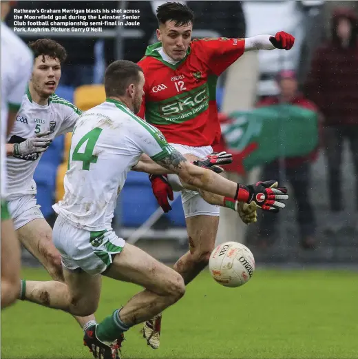  ??  ?? Rathnew’s Graham Merrigan blasts his shot across the Moorefield goal during the Leinster Senior Club football championsh­ip semi-final in Joule Park, Aughrim. Picture: Garry O’Neill