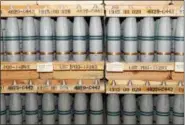  ?? ED ANDRIESKI — THE ASSOCIATED PRESS FILE ?? These 105mm shells containing a mustard agent are stored in a bunker at the Army’s Pueblo Chemical Storage facility in Pueblo, Colo. The costly plant in Colorado that destroys U.S. chemical weapons without incinerati­ng them is over budget, behind...