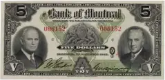  ??  ?? The Bank of Montreal’s first banknote, top, issued in 1817, and the bank’s last note, a five-dollar bill, issued in 1942.