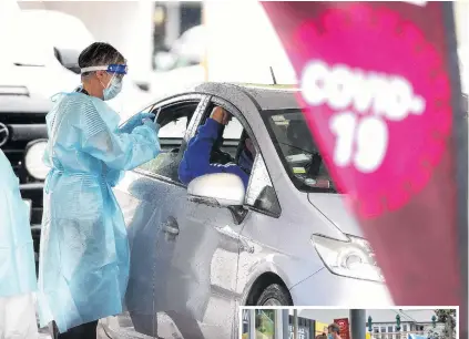  ?? PHOTOS: GETTY IMAGES ?? Waiting time . . . Motorists queue up at busy Covid19 testing station in Otara yesterday. Right: Shoppers rush and queue to enter the supermarke­t in Auckland, New Zealand.