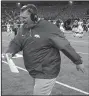  ?? Democrat-Gazette/BENJAMIN KRAIN ?? Arkansas Coach Bret Bielema reacts after a Razorbacks penalty near the goal line. The Hogs fell to 0-4 against Texas A&M under Bielema.