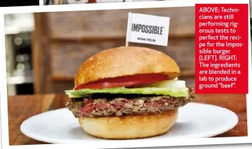  ??  ?? ABOVE: Technician­s are still performing rigorous tests to perfect the recipe for the Impossible burger (LEFT). RIGHT: The ingredient­s are blended in a lab to produce ground “beef”.