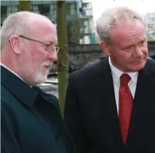  ??  ?? Seán MacManus on the campaign trail in Sligo with Martin McGuinness during the Presidenti­al election of 2012.