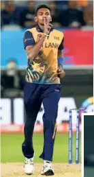  ?? AFP ?? Let the ball do the talking: Sri Lanka fast bowler Dushmantha Chameera gestures after dismissing UAE’S Muhammad Waseem. It was a thorough trouncing by Sri Lanka as Pathum Nissanka (74, 60b), Chameera (three for 15) and Wanindu Hasaranga (three for eight) combined to consign UAE to a 79-run defeat.