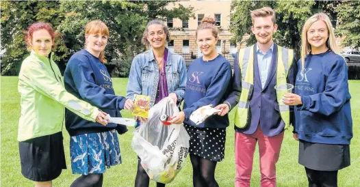  ?? Pic Artur Lesniak ?? Employees from Stone King law firm, from left, Lucie Willis, Helen Wart, Samantha Walker, Danielle Saint, George Capon and Samantha Kimber, pose for a photograph to promote their litter pick later in the year - Green Park, Bath