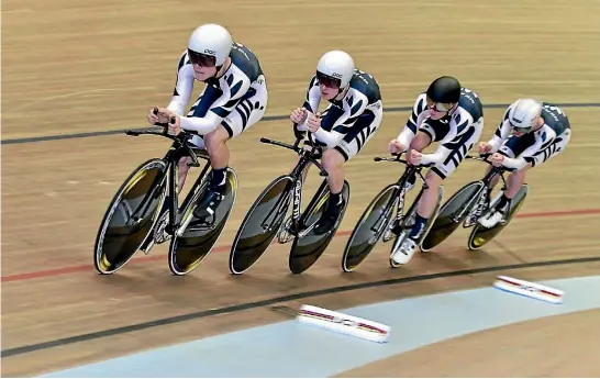  ??  ?? The gold-medal-winning New Zealand men’s team pursuit team in action, led by Campbell Stewart, left, at the junior world track cycling championsh­ips in Switzerlan­d.