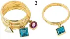  ??  ?? Pour Lolita, sa deuxième collection Poiray, Aurélie Bidermann (2) trace une géométrie joyeuse avec ses colliers (1) et ses bagues (3) en or jaune, à pendants sertis en pierre de lune, topaze et grenat, citrine et quartz fumé (3 980 € et 660 € pièce). 3