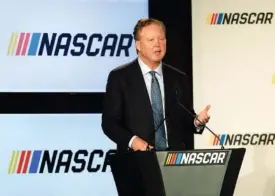  ?? FILE PHOTO BY JEFF SINER/THE CHARLOTTE OBSERVER VIA AP ?? In this Jan. 23, 2017, file photo, Brian France, Chairman of NASCAR, gives opening remarks prior to an announceme­nt of NASCAR’S approach to modernizin­g its series with a new format, in Charlotte, N.C.